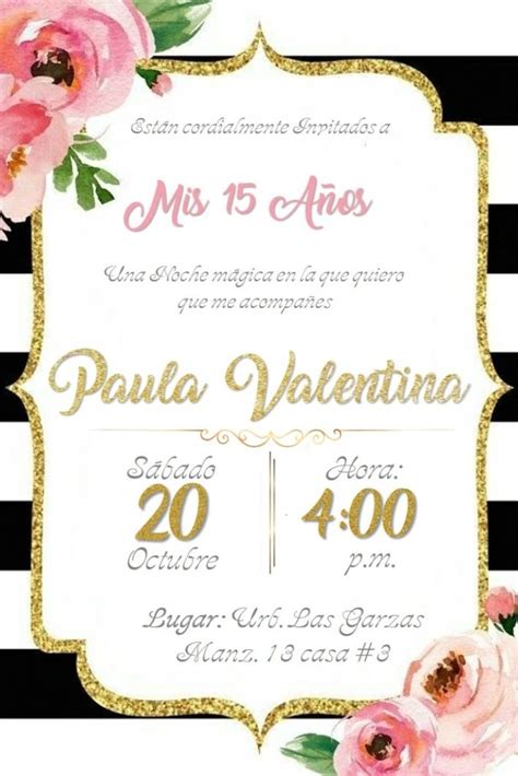 Tarjeta Invitación 15 Años Personalizada Flores Y Franjas Digital Card