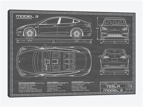 Tesla Model 3 Performance Black Art Print Action Blueprints Icanvas