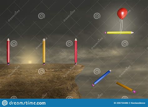 Colourful Pencils On A Stone Cliff With A Red Balloon Help To Escape