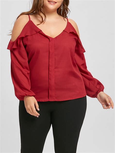 41 Off 2021 Plus Size Ruffled Long Sleeve Chiffon Cold Shoulder Top