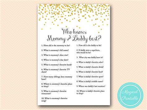 The recipe for throwing an awesome baby shower includes part delicious food, part champagne cocktails , and part fun games! Who knows mommy daddy best coed game Gold Baby Shower Baby
