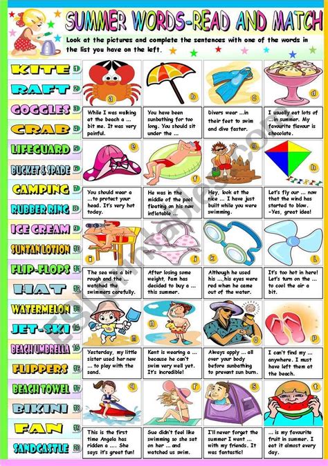 Summer Words Read And Match Key Included Esl Worksheet By Katiana