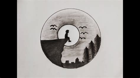 How To Draw A Sad Boy Sitting Alone In Circle Moonlight Night Drawing Circle Scenery Drawing