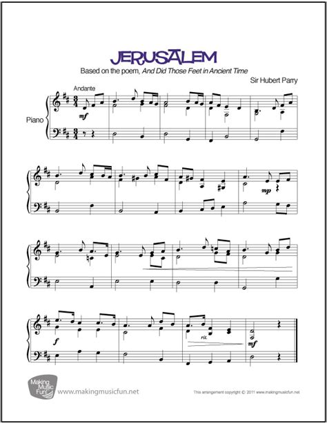 Permission granted for instruction, public performance, or just for fun. Jerusalem (Hymn) | Easy Piano Sheet Music (Digital Print)