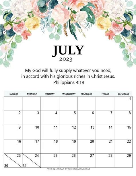 Printable July Calendar With Bible Scripture Personal Calendar