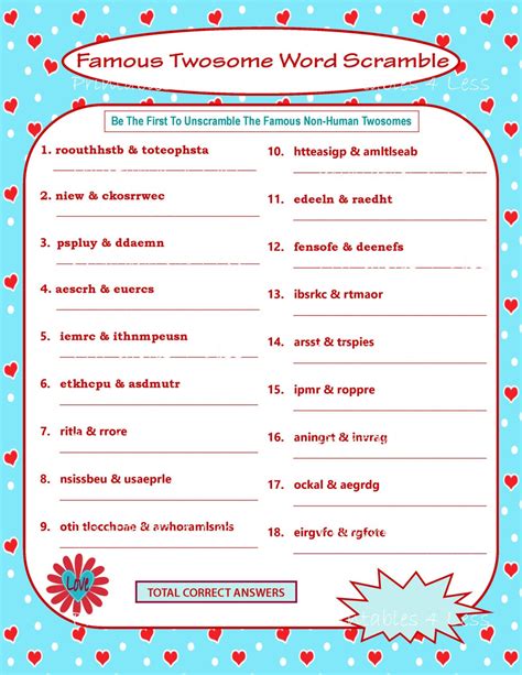 Several games for different occasions to choose from. Printable Valentine Game DIY Printable Word Scramble Fun