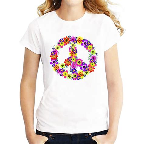 New Summer Tops Peace Sign Floral T Shirt Women Clothing Fashion Six T