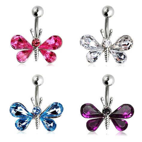 1pc Ladies Belly Button Rings Butterfly 14g 316l Surgical Steel Bar Rhinestone Piercing Jewelry