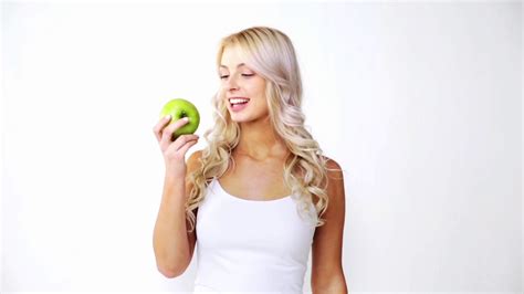 Healthy Food Fruits Diet And People Concept Happy Beautiful Young Woman Eating Green Apple