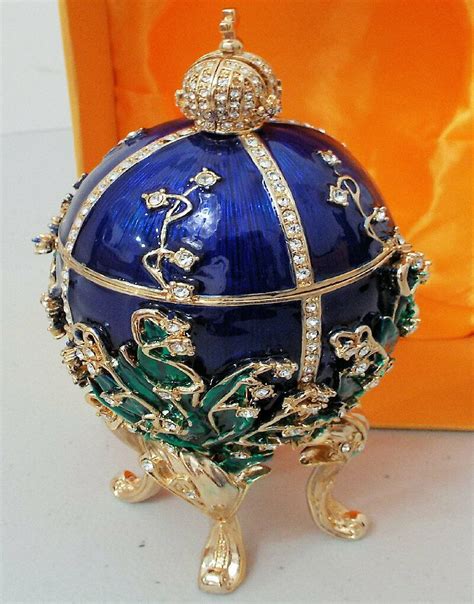 Russian Replica Blue Enameled Faberge Egg Opens To A Golden Enameled