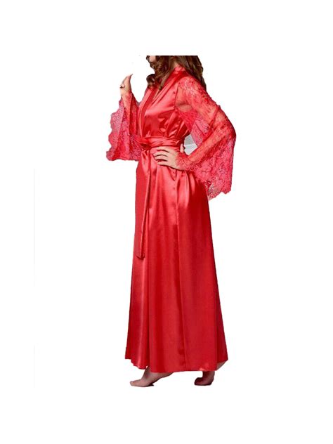 Women Lace Long Bride Kimono Robe Satin Silk Night Dressing Gown