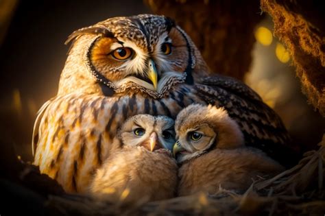 Premium Photo Mother Owl With Two Baby Owls Sitting On Hers Back In