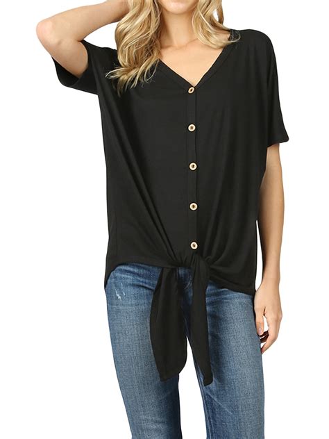 Thelovely Women Short Sleeve V Neck Button Down T Shirts Tie Front