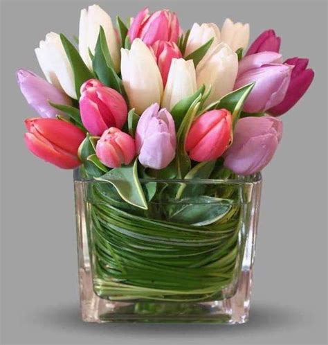 Pink White Purple Tulips Small Square Vase Grey Background Floral