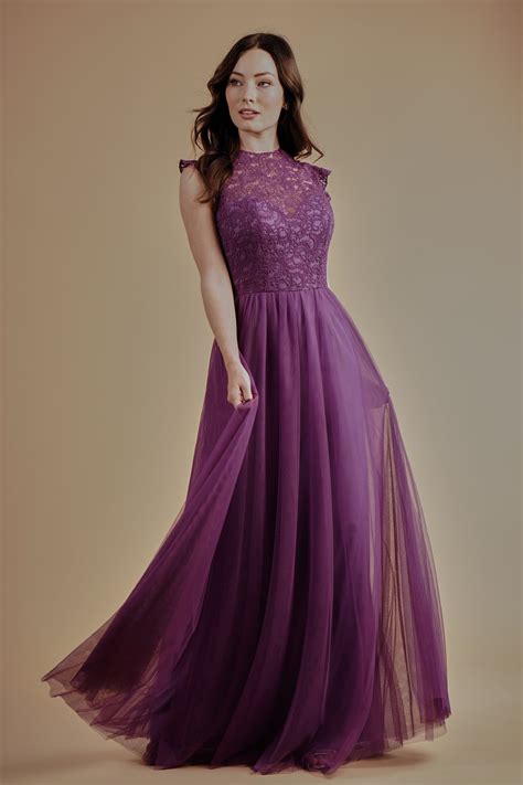 L214007 Lace And Soft Tulle Long Bridesmaid Dress With Jewel Neckline