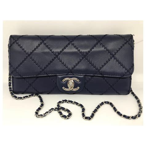 Wallet On Chain Chanel Sacs à Main Cuir Bleu Marine Ref174936 Sac à