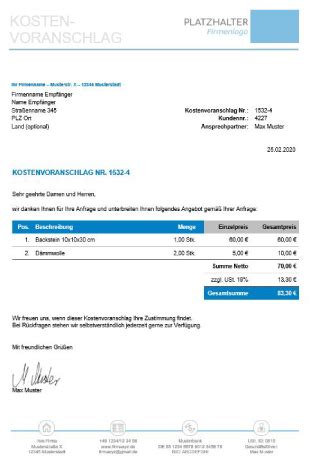 Ich suche in word vergeblich nach entsprechenden funktionen wo ich sogenannte platzhalter einfügen kann. Kostenvoranschlag Muster - Kostenlose Vorlage zum Download