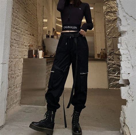 Women S High Waisted Belt Decorated Black Loose Cargo Pants Streetwear Gothicwear