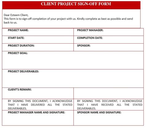 Client Project Sign Off Form Sign Off Business Template Templates
