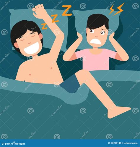 man snoring and woman can not sleep sleeping problems unhealthy stock vector illustration of