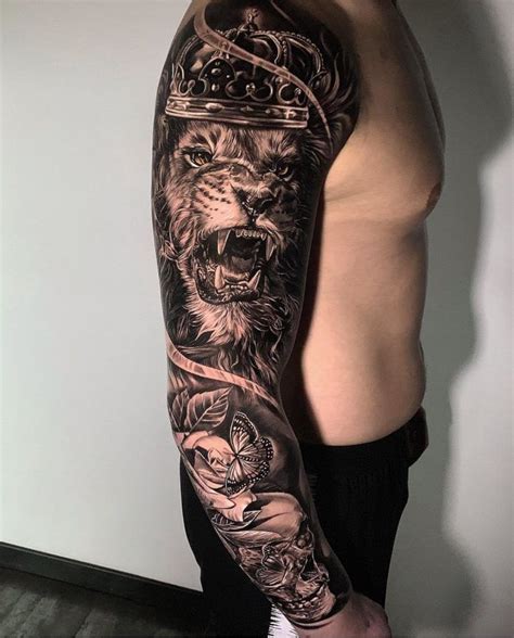 Tattoo Lion Head With Crown On Shoulder Tattoo Sleeve Men Full