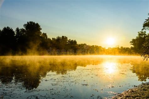 Fog Above The Water Surface Sunrise At River Stock Image Image Of