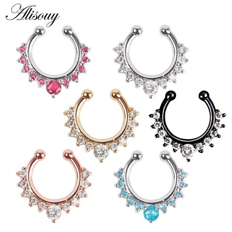 Alisouy 1pc Crystal Fashion Clicker Fake Septum For Women Body Clip Hoop Vintage Fake Nose Ring