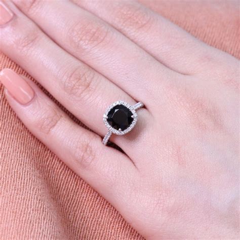 Black Spinel Halo Diamond Engagement Ring In 14k White Gold Etsy