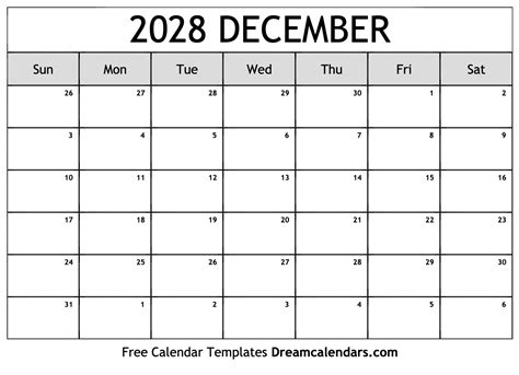 Download Printable December 2028 Calendars