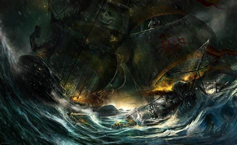 Battle On Stormy Seas Art Storm Pirate Sea Boat Fantasy Battle