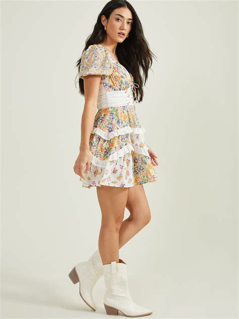 Aderny Patchwork Floral Puff Sleeve Dress In Ivory Multi Altard State