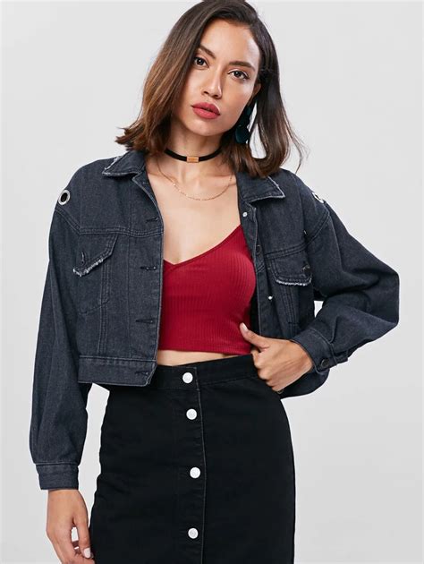 buy grommet cropped denim jacket 2018 women basic