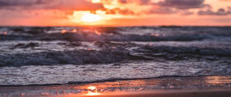 Download Wallpaper 2560x1080 Sea Beach Sunset Waves Clouds Dual