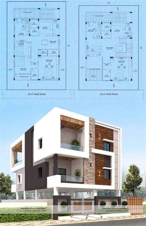 Two Story House Plan With Floor Plans And Elevation Details For The