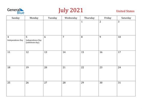United States July 2021 Calendar With Holidays
