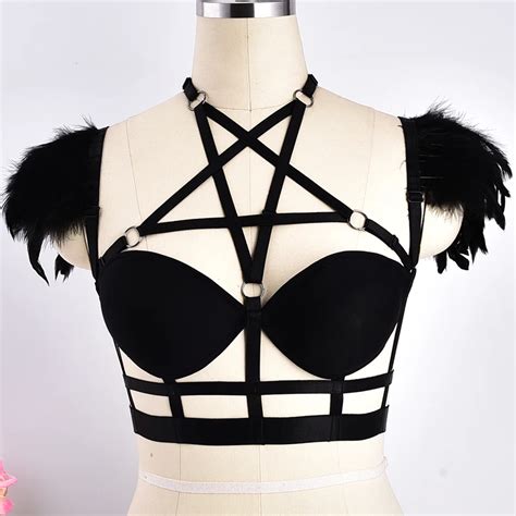 festival rave black feather epaulettes gothic body harness bra bondage harness belt shoulder