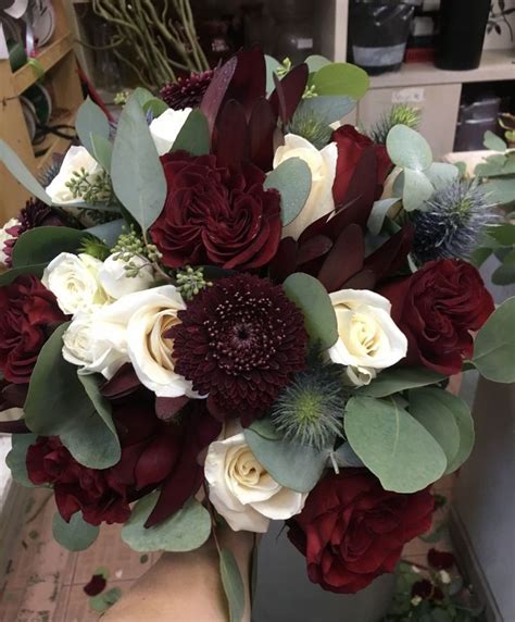 Burgundy And White Garden Rose With Eucalyptus In 2023 Rose Bridal