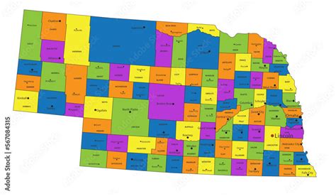 Colorful Nebraska Political Map With Clearly Labeled Separated Layers
