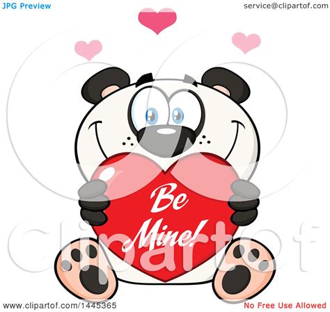 Clipart Of A Cartoon Happy Panda Holding A Red Be Mine Valentine Love