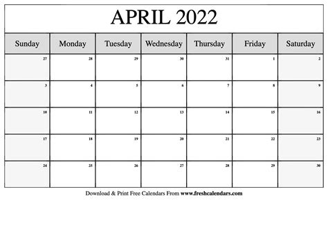 Blank Calendar April 2022 Printable Printable Word Searches Images