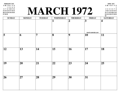 March 1972 Calendar Of The Month Free Printable March Calendar Of The