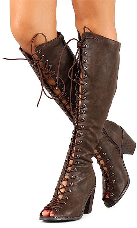 breckelles leatherette women peep toe lace up chunky heel knee high boot be99