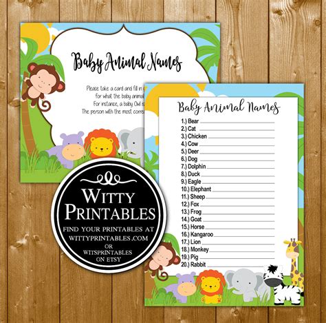 Safari Baby Shower Game Baby Animal Names Wittyprintables Images And