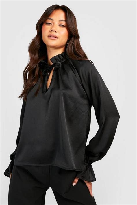 Black Ruffle Neck Textured Satin Blouse Boohoo Uk