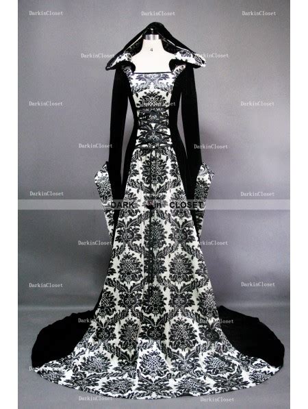 White And Black Velvet Gothic Hooded Medieval Dress