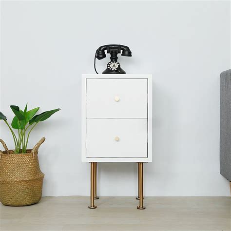 Modern White Nightstand 2 Drawer 12 Bedside Table Gold Finish