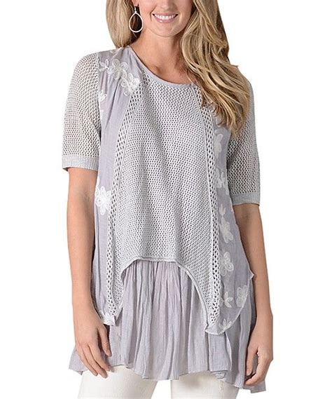 Simply Couture Gray And White Crochet Floral Panel Tunic Plus Too