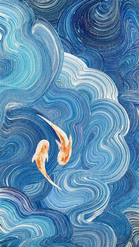 Two Koi Fish Are Swimming In The Water With Swirly Blue And White Waves