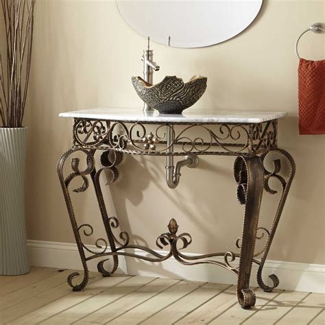 I like the tile around the room and sink.clean look. Vanna Wrought Iron Console Vanity for Vessel Sink with ...