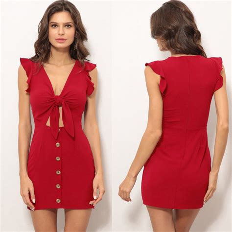 Buy 2018 New Sexy Women Dress Solid Red Ruffle Dresses Females Bodycon